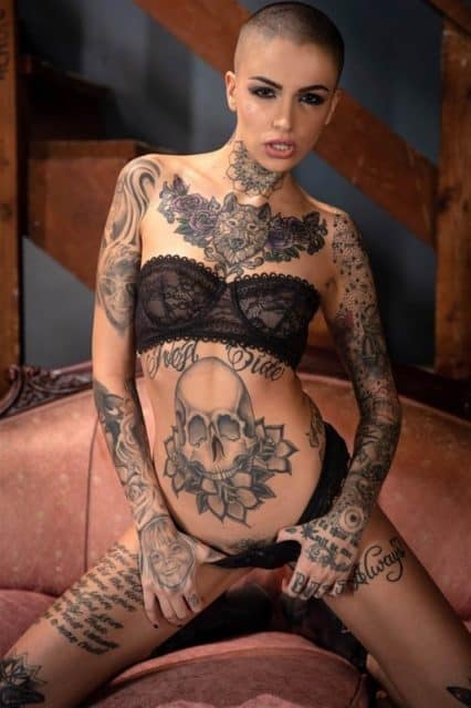 Leigh Raven XXXBios - Hot petite tattooed pornstar Leigh Raven in sexy black lace bra, black lacy panties and white vest top - Fallen II Angels & Demons Wicked Pictures porn pics sfw