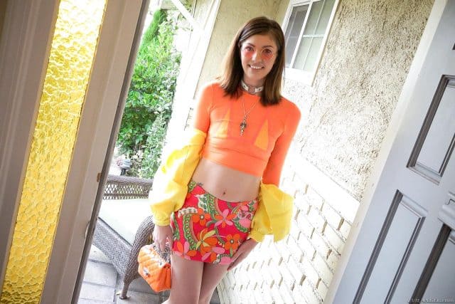 Leah Winters XXXBios - Hot 5'10 tall brunette new pornstar Leah Winters in sexy yellow jacket, orange fishnets top, yellow bikini top, circle sunglasses, colorful floral pink mini skirt and orange ankle socks with clear platform high heels - Hookup Hotshot Fuck Buddies Evil Angel Leah Winters porn pics sfw