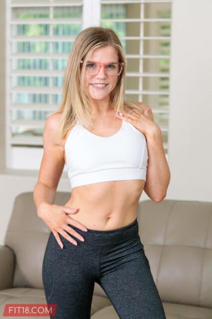 Nikki Sweet XXXBios - Hot all natural petite blonde pornstar with freckles Nikki Sweet in sexy glasses, white sports bra, grey yoga pants leggings and sneakers - Fit18.com Nikki Sweet porn pics sfw