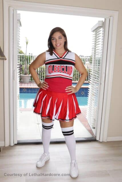Vivian Taylor XXXBios - Hot tall brunette all natural big booty pornstar Vivian Taylor in sexy white and red cheerleader outfit with white knee high socks and white sneakers - Cross Eyed Cock Loving Cheerleaders Lethal Hardcore Vivian Taylor porn pics sfw
