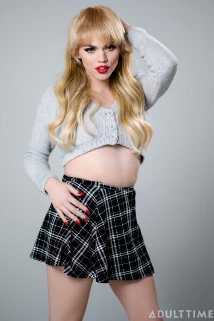 Kate Zoha XXXBios - Hottest petite all natural blonde TS pornstar Kate Zoha in sexy cropped grey sweater top and black and white check skirt - The First Look Transfixed Adult Time Kate Zoha porn pics sfw