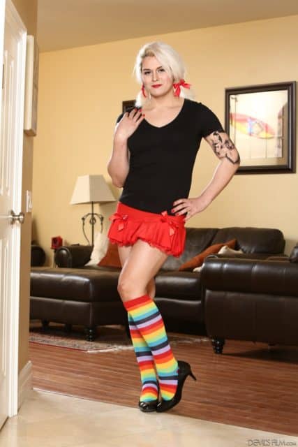Isabella Sorrenti XXXBios - TS Isabella Sorrenti in sexy pigtails with red ribbon, black tshirt, red frilly miniskirt, rainbow striped knee high socks and black kitten high heels - Transsexual Babysitters 28 Devil's Film Isabella Sorrenti porn pics sfw