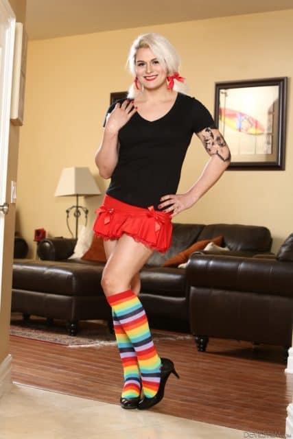 Isabella Sorrenti XXXBios - TS Isabella Sorrenti in sexy pigtails with red ribbon, black tshirt, red frilly miniskirt, rainbow striped knee high socks and black kitten high heels - Transsexual Babysitters 28 Devil's Film Isabella Sorrenti porn pics sfw