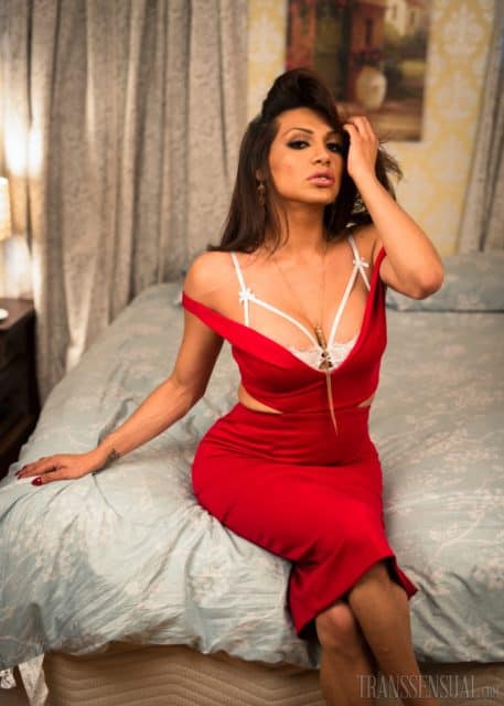 Jessy Dubai XXXBios - Jessy Dubai in sexy red dress and white lace lingerie - TS Jessy Dubai TransSensual porn pics - Jessy Dubai TS pornstar sfw pics