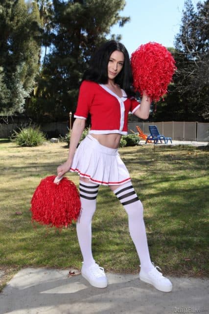 Penny Tyler XXXBios - TS Penny Tyler in sexy red and white cheerleader outfit, red pom poms, white knee high socks and white sneakers - Transsexual Cheerleaders 13 Devils Film Penny Tyler porn pics sfw