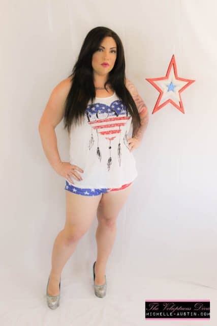 Michelle Austin XXXBios - Michelle Austin in red white and blue stars and stripes top, shorts and high heels - TS Michelle Austin porn pics sfw