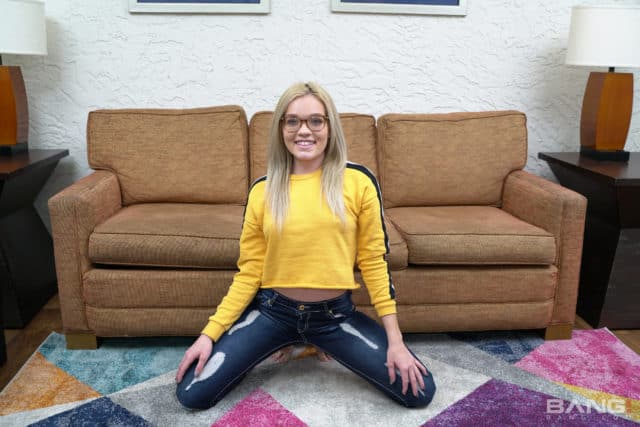 Katie Kush XXXBios - sexy new pornstar Katie Kush glasses, yellow sweater and jeans - new blonde pornstar Katie Kush Bang porn scene pics - Katie Kush sfw pics