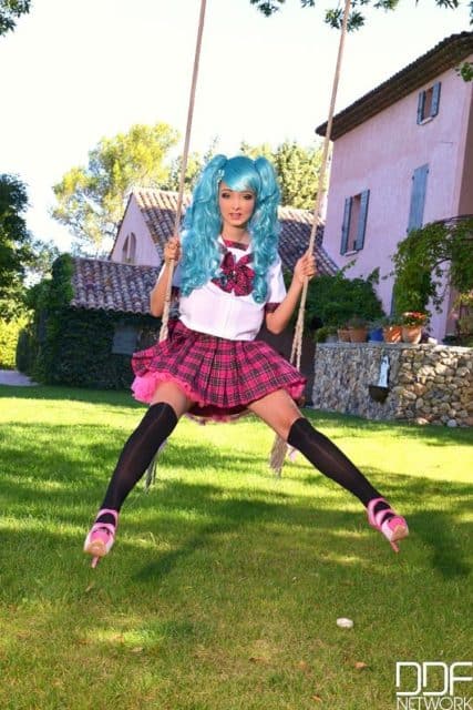 Lucie Wilde AdultWebcamSites - Hot new teen Czech pornstar Lucie Wilde showing off her sexy all natural 32G big tits boobs busty cleavage in blue wig, white top, pink tartan skirt with bow, hot pink tutu, black knee high socks stockings and pink high heels - Cosplay With Cantaloupes Lucie Wilde porn pics sfw