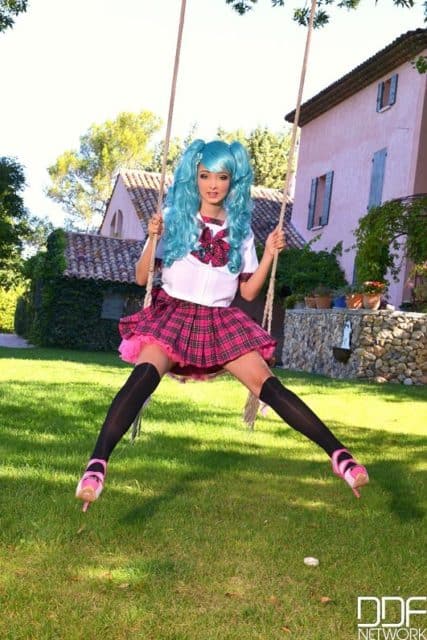 Lucie Wilde XXXBios - Hot new teen Czech pornstar Lucie Wilde showing off her sexy all natural 32G big tits boobs busty cleavage in blue wig, white top, pink tartan skirt with bow, hot pink tutu, black knee high socks stockings and pink high heels - Cosplay With Cantaloupes Lucie Wilde porn pics sfw