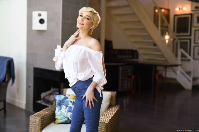 Skye Blue XXXBios - Hot busty all natural pornstar Skye Blue shows off her all natural 34DDD big tits in sexy white blouse top and dark blue denim jeans - Stay Away From My Brother Brazzers Skye Blue porn pics sfw