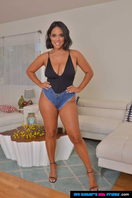 Sahara Leone AdultWebcamSites - Hot Latina busty pornstar Sahara Leone shows off her 34DD big natural tits and amazing ass big butt booty in sexy black top leotard bodysuit and ripped denim booty shorts with strappy high heels with showcase her cute toes, feet, long legs and all natural curves - My Sister's Hot Friend VR Naughty America Sahara Leone porn pics sfw - Sahara Leone VR porn pics sfw sex scenes