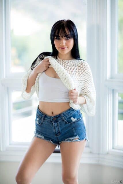 Neveah Snow aka Karly Baker XXXBios - Hot all natural raven black haired pornstar Neveah Snow aka Karly Baker in sexy white vest top, white shirt and denim booty shorts - Interracial Teens 5 DarkX X Empire Neveah Snow aka Karly Baker porn pics sfw