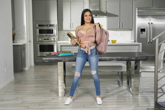 Serena Santos XXXBios - Hot petite Latina Cuban pornstar Serena Santos shows off her 34D big tits and big ass bubble butt booty in sexy cropped pink top, ripped denim jeans and white sneakers - Brazzers Serena Santos porn pics sfw