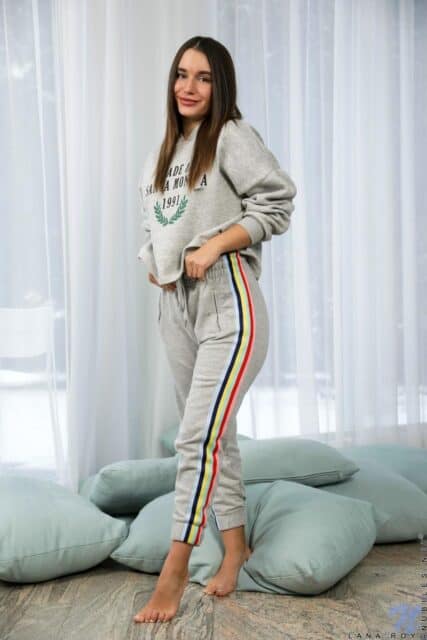 Lana Roy XXXBios - Brunette petite Russian pornstar Lana Roy in sexy grey tracksuit hoodie and tracksuit bottoms pants with barefeet - Nubiles Lana Roy porn pics sfw