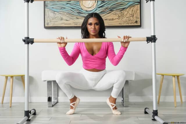 Sommer Isabella XXXBios - Hot all natural black teen pornstar Sommer Isabella shows off her 32C natural big tits and big ass bubble butt booty in sexy longsleeve pink top, white pants and ballet pumps - Top Heavy Brazzers Sommer Isabella porn pics sfw