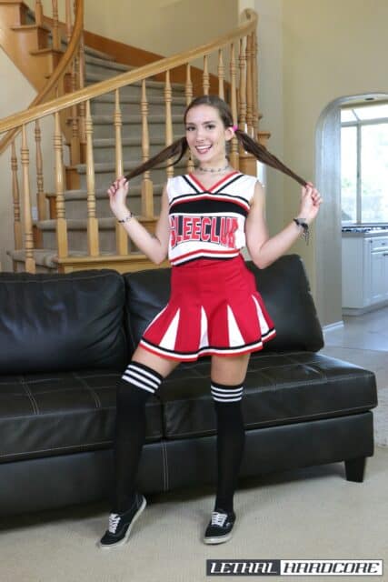 Bailey Base XXXBios - Hot brunette all natural petite teen pornstar Bailey Base in sexy red and white cheerleaders outfit with black knee high socks and black sneakers - Cross Eyed Cock Loving Cheerleaders 6 Lethal Hardcore Bailey Base porn pics sfw