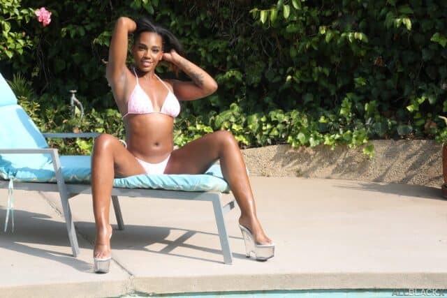 Lacey London XXXBios - Hot all natural tall black pornstar Lacey London in sexy white bikini with diamond studs and clear platform high heels - AllBlackX X Empire Lacey London porn pics sfw