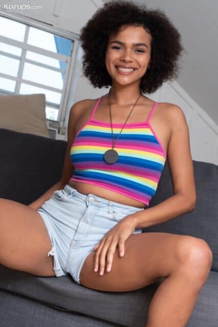 Alina Ali XXXBios - Hot all natural tall black pornstar Alina Ali in sexy cropped blue yellow and pink striped top with denim booty shorts - Karups Hometown Amateurs Alina Ali porn pics sfw