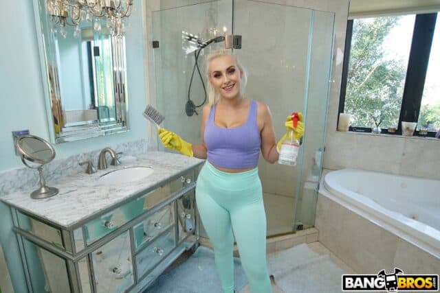 Indica Monroe XXXBios - Hot busty all natural thick blonde pornstar Indica Monroe shows off her big natural tits and big ass bubble butt booty in sexy white bra and panties, purple vest top and green leggings with white sneakers - Shy Maid Gets Fucked Bang Bros Indica Monroe porn pics sfw