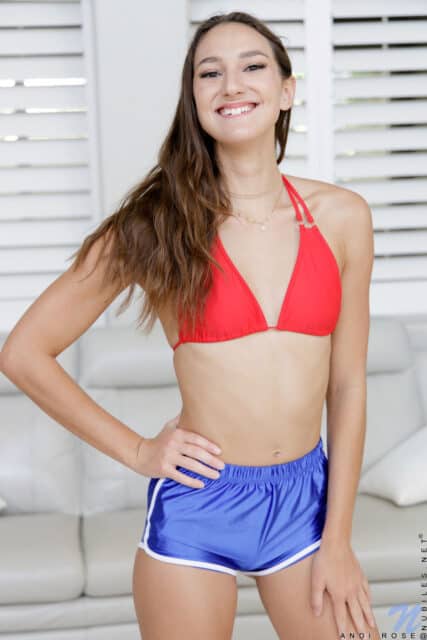 Andi Rose XXXBios - Hottest tall brunette all natural pornstar Andi Rose in sexy red bikini and blue booty shorts - Nubiles Andi Rose porn pics sfw