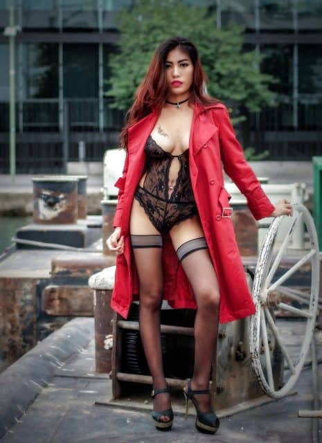 Polly Pons XXXBios - Petite Thai French pornstar Polly Pons aka Poopea shows off her 34D big tits in sexy black lacy lingerie, stockings and high heels with a red coat - Polly Pons porn pics sfw