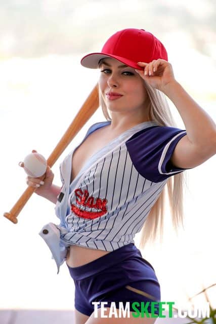 Haley Spades XXXBios - Hot 4'8 super petite all natural blonde pornstars Haley Spades shows off her big ass bubble butt booty in sexy white and blue baseball jersey, red baseball cap and blue booty shorts - Nookie of the Year Shes New Team Skeet Haley Spades porn pics sfw