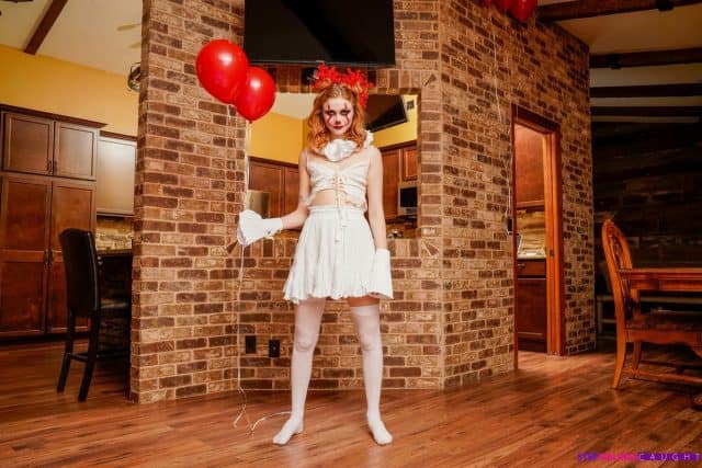 Scarlet Skies XXXBios - Hot petite all natural redhead pornstar Scarlet Skies in sexy IT parody clown outfit with red balloon, red headband, white dress and white gloves - Nubiles Porn Scarlet Skies porn pics sfw