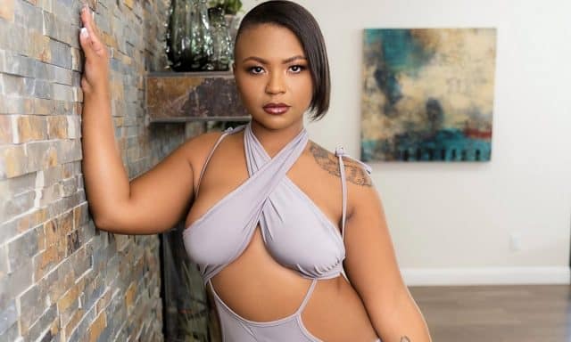 Avery Jane XXXBios - A estrela pornô negra peituda mais gostosa Avery Jane mostra seus seios grandes em 32D e bunda grande em um vestido cinza sexy com top - Brazzers Avery Jane porn pics sfw