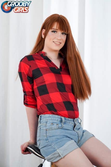 Erica Cherry XXXBios - Hottest tall redhead TS pornstar Erica Cherry in sexy red and black flannel shirt with red lace panties and light blue denim booty shorts and barefeet - Grooby Girls Erica Cherry porn pics sfw