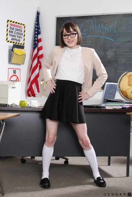 Claire Tenebrarum XXXBios - Hottest petite all natural TS pornstar Claire Tenebrarum in sexy schoolgirl outfit with white top, black skirt, cream sweater cardigan, white knee high socks and black pumps with black glasses - Transfer Students Gender X Films Claire Tenebrarum porn pics sfw