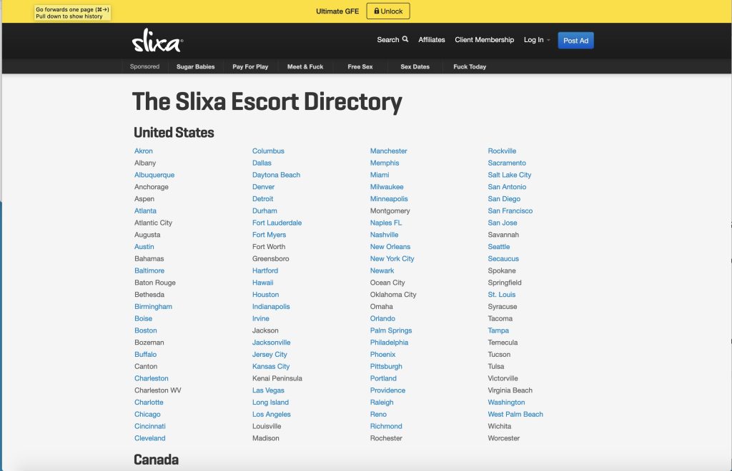 Slixa - screenshot of the Slixa escort directory website homepage