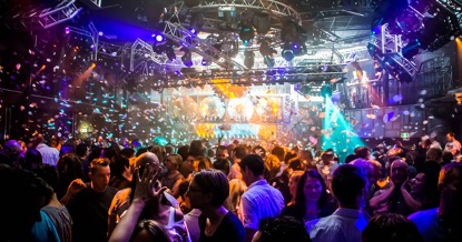 Party rave scene on the dancefloor at a nightclub in Eindhoven